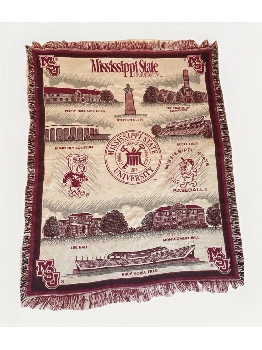 VTG Mississippi State Bulldogs Afghan Tapestry Throw Blanket Fringe Woven MSU